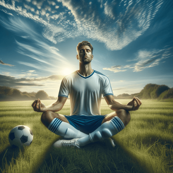 Tranquil soccer athlete meditating for mental clarity
