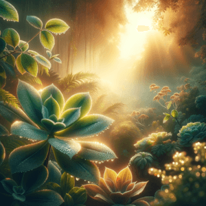 A serene garden landscape bathed in the soft light of dawn.