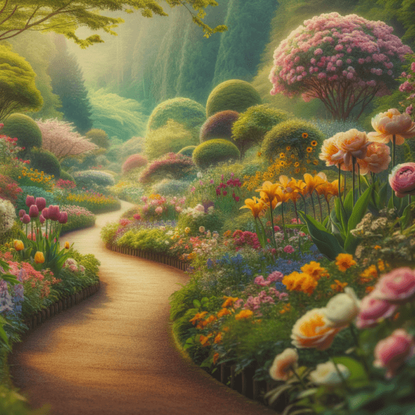 Tranquil garden path with blooming flowers