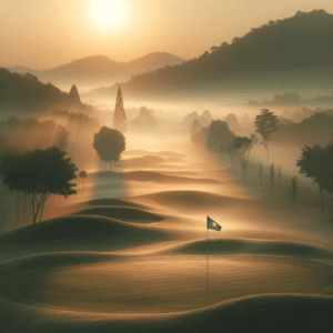 A serene golf course at dawn shrouded in a calm morning mist