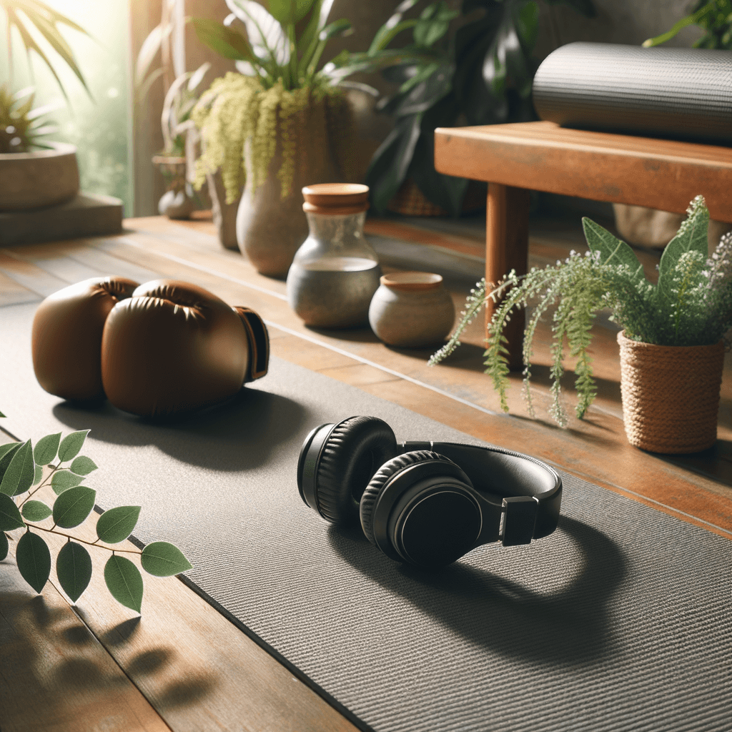 Serene environment with headphones and boxing gloves set atop a yoga mat