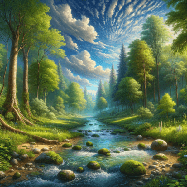 Serene nature landscape with flowing stream representing calmness for pain management