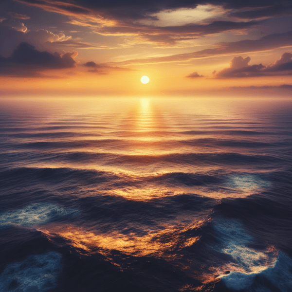 Tranquil ocean waves reflecting the warm colors of a setting sun