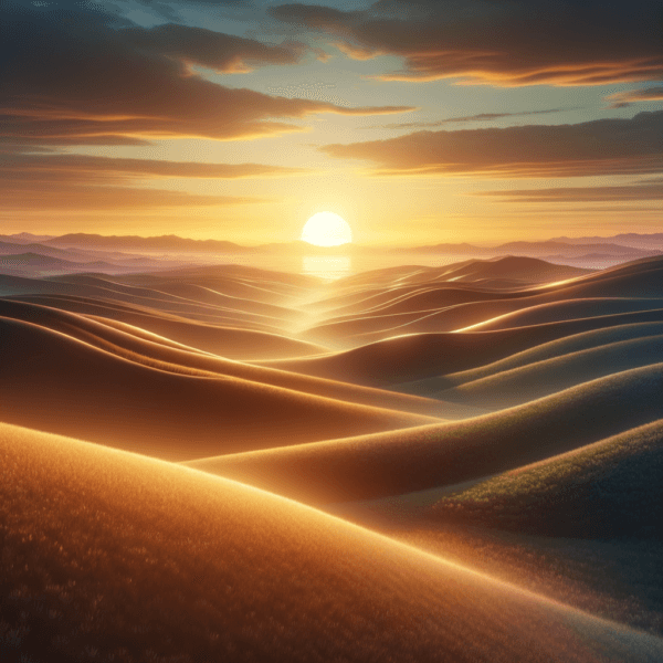 Serene landscape of a sunrise over a peaceful terrain