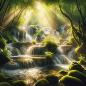 Serene waterfall amidst lush green forest symbolizing renewal of motivation