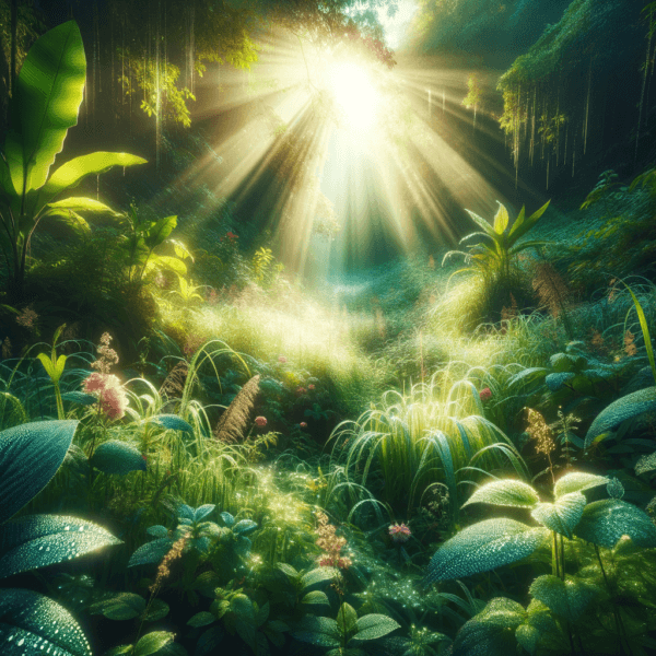 A verdant glade with sunlight streaming through and sparkling dew