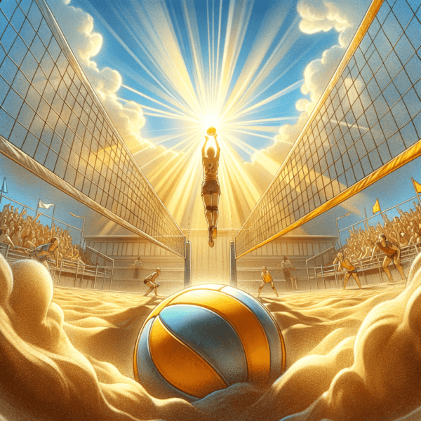Painting of a volleyball court from a player's first-person perspective with a clear aim to the net