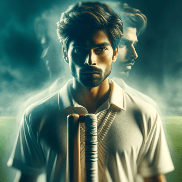 Focused cricket player in a mental zone with a cricket field in the background.
