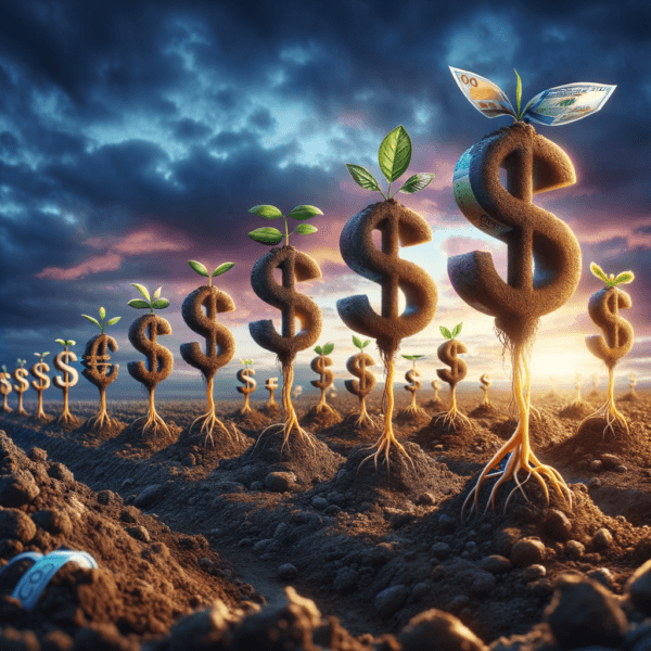 Symbolic depiction of different currency symbols growing from fertile soil, symbolizing financial prosperity.