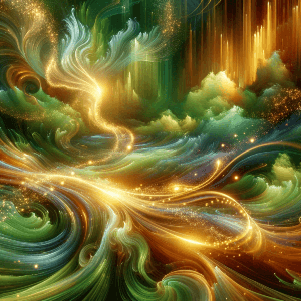 Artistic depiction of flowing gold and green energy