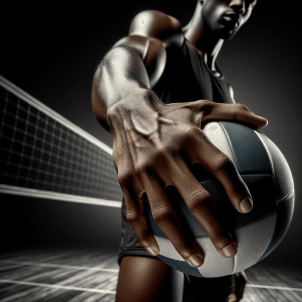 Volleyball player’s hand and ball in perfect alignment ready to serve, captured mid-motion with focused intensity.