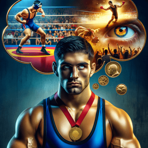 Illustration of mental focus on wrestling victory