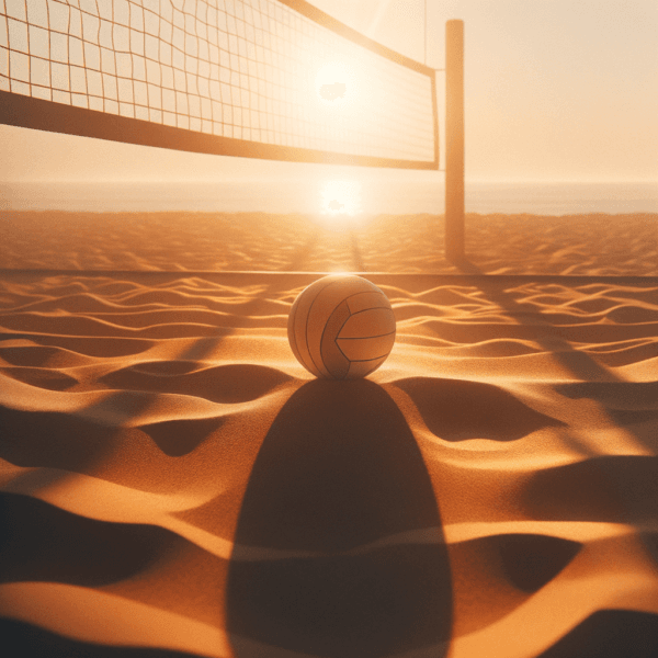 A serene volleyball court at golden hour showcasing a calm and focused atmosphere.