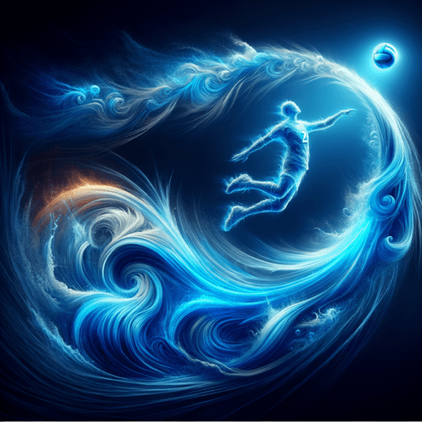 Art showing fluid water-like energy surrounding a volleyball