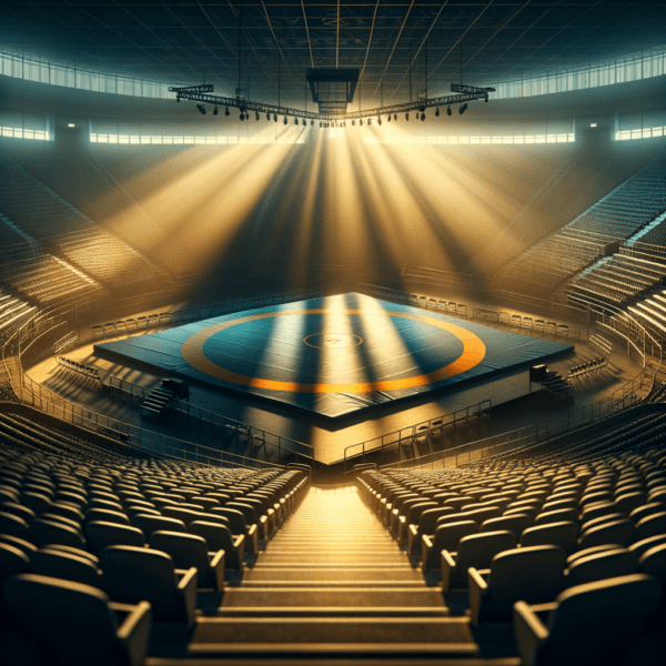 A serene view of an empty wrestling arena at sunrise
