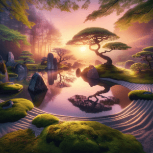 Zen garden scene with morning light