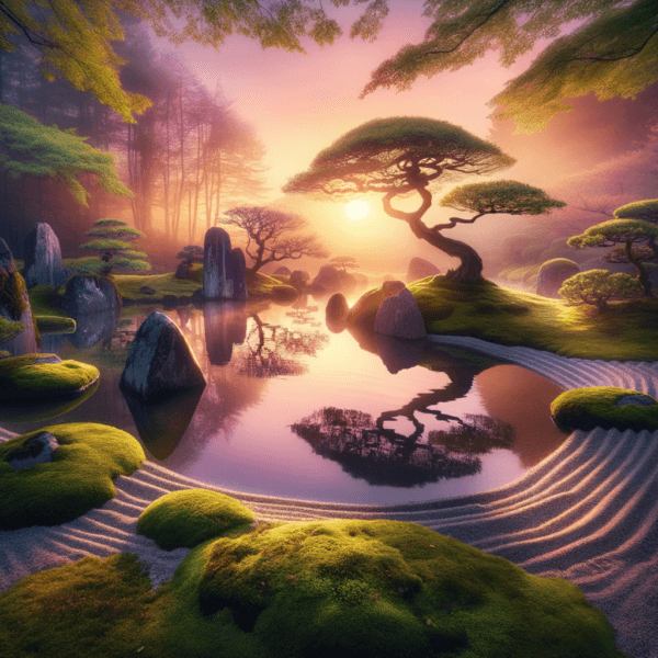 Zen garden scene with morning light
